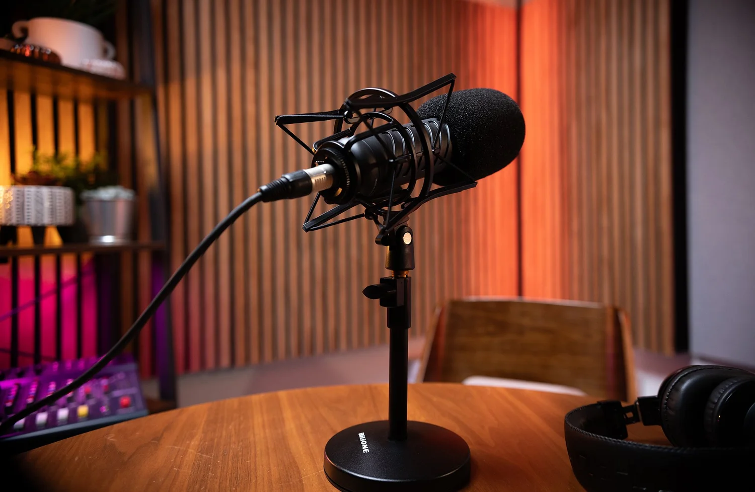 Podcast microphone and recording table at PSG in Glasgow